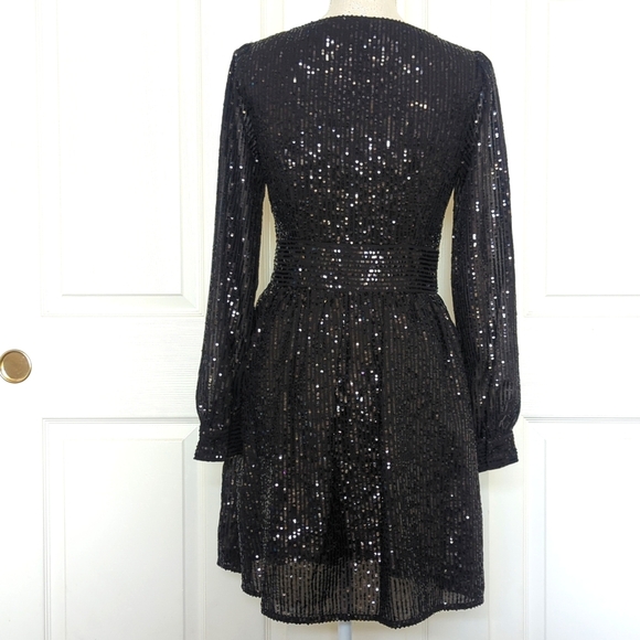 MICHAEL KORS Sequin Striped V Neck Mini Elegant Black Sequin Dress - Picture 7 of 11